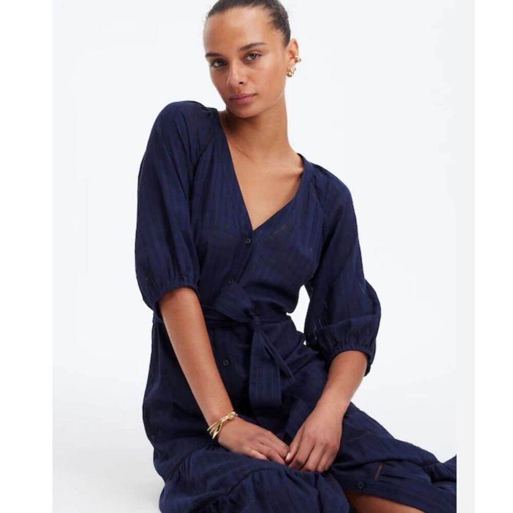 NWT Madewell Tie-Waist Tiered Midi Dress in Windowpane Tie Waist Navy Blue 0